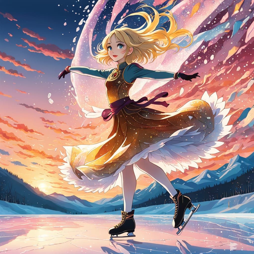 Serene Anime Woman Skates Across Frozen Lake in Sunset Glow