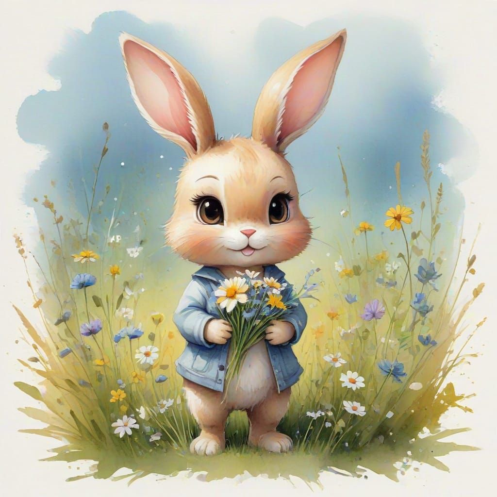 Chibi Bunny with Wildflowers in Sunlit Meadow