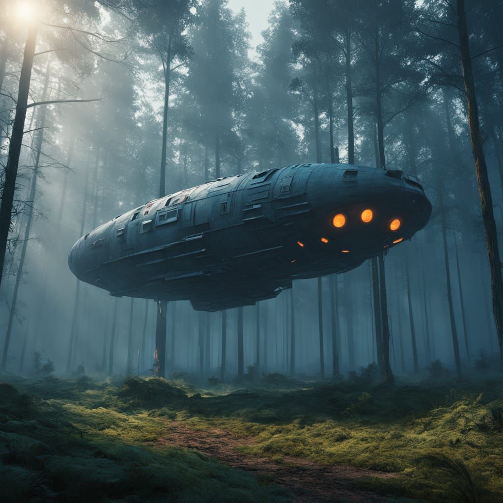 Ethereal Spacecraft Descends into a Misty Forest Dusk