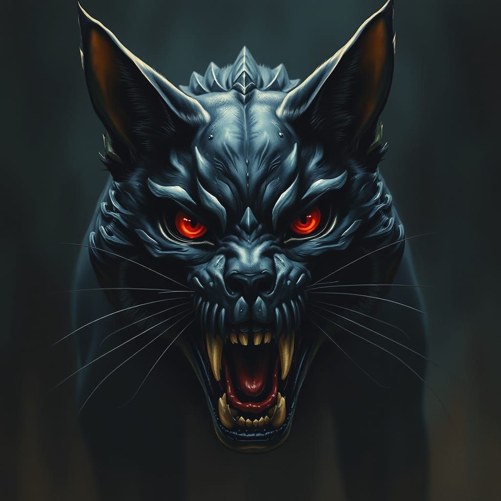 Fierce Shadowy Beast with Red Eyes and Skull Face