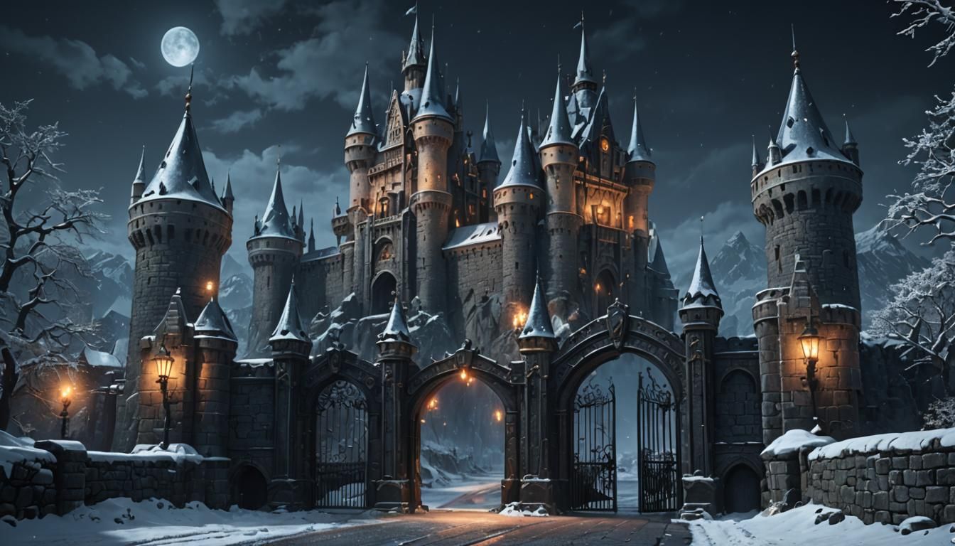 Imposing Dark Castle Gates in Winter Night