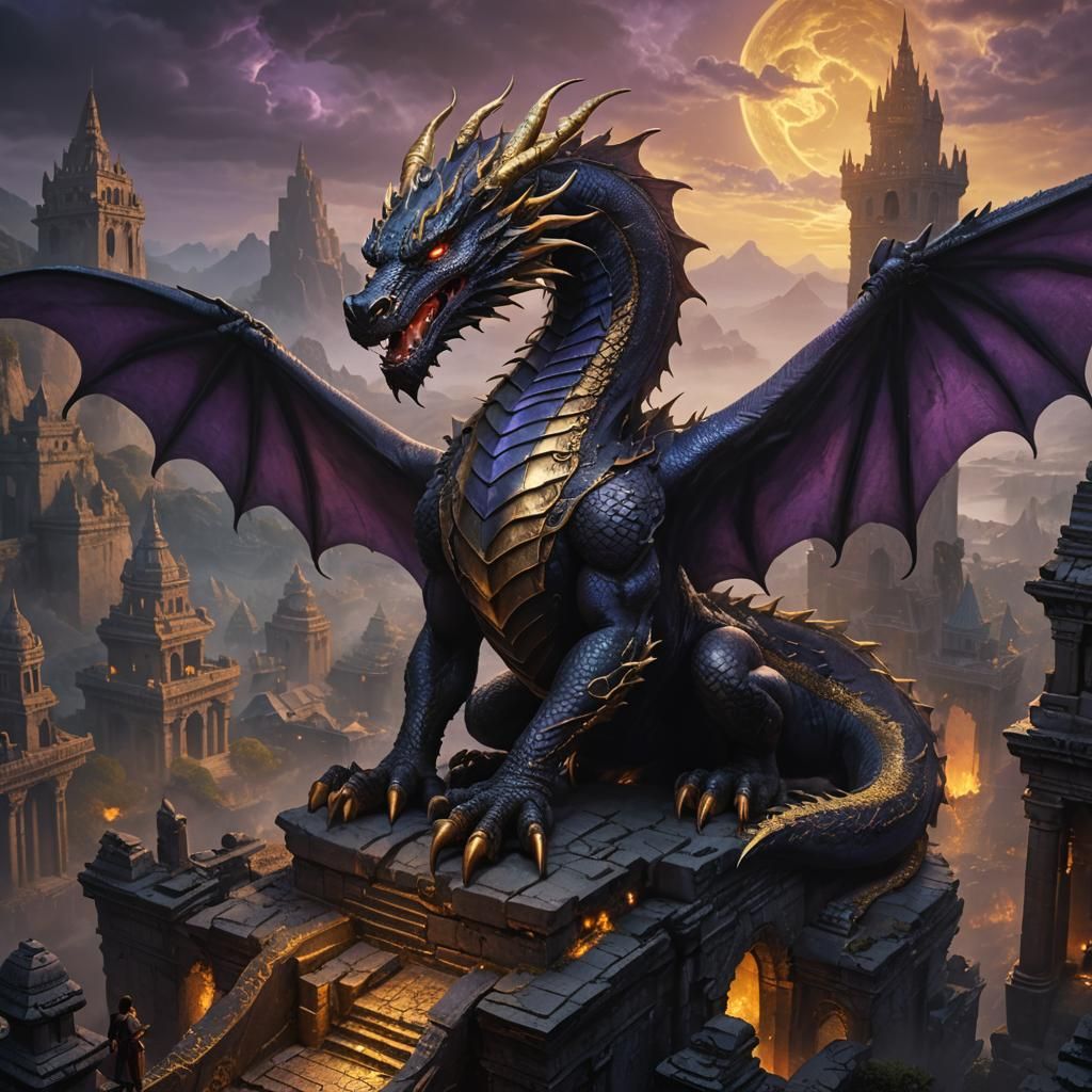 Black and Gold Dragon Overlook: Fantasy Concept Art