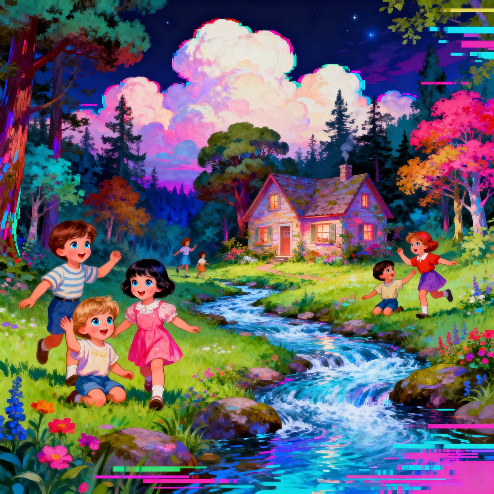 Happy Children Play in Glitchcore Forest with Lisa Frank Pal...