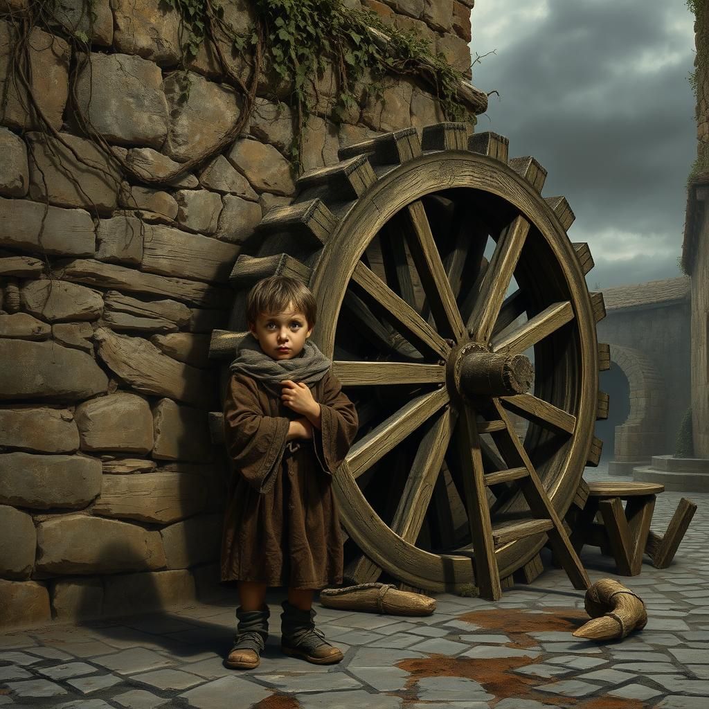 Medieval Beggar Child by Water Wheel in Old Masters Style