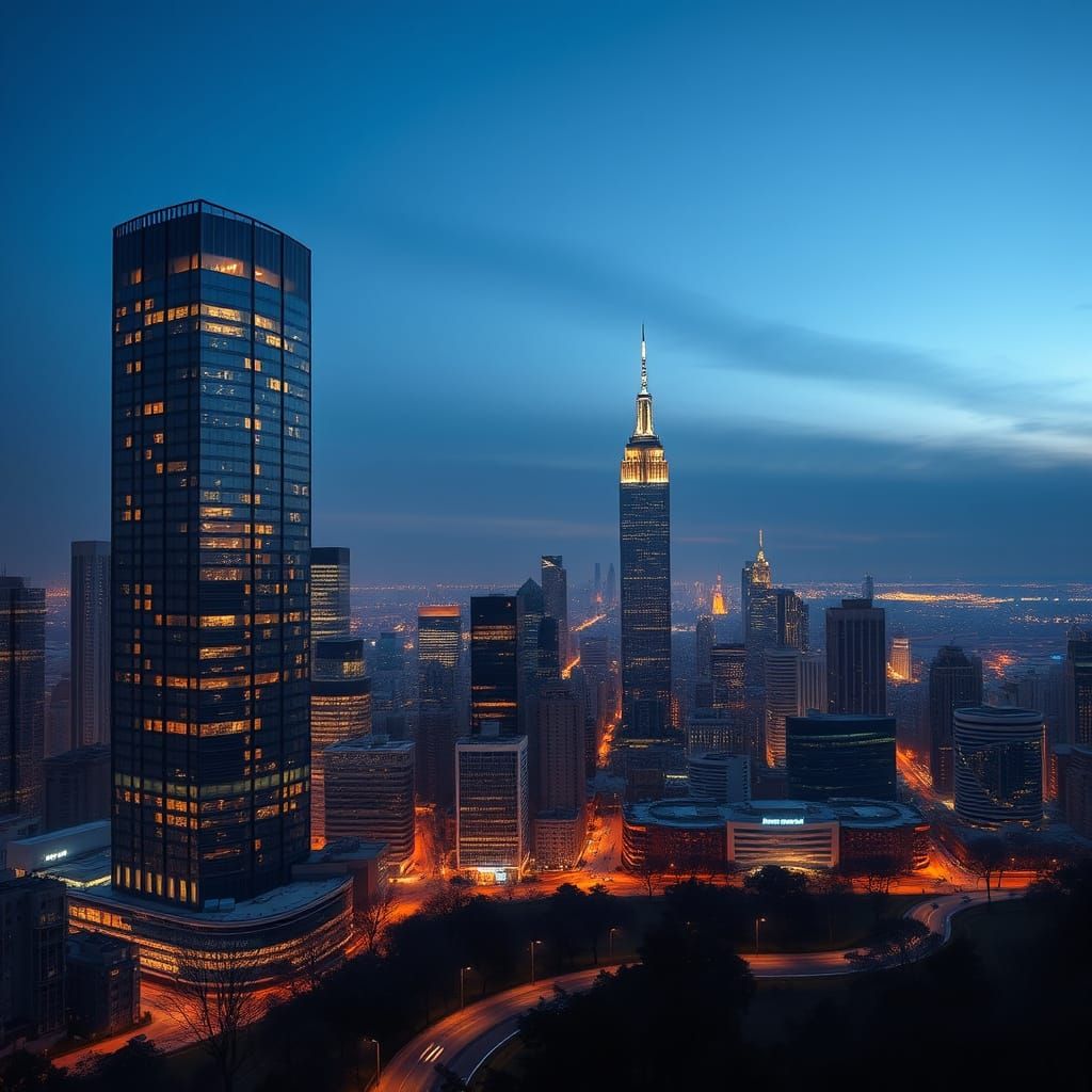 Golden Hour Cityscape: Modern Skyscrapers at Twilight
