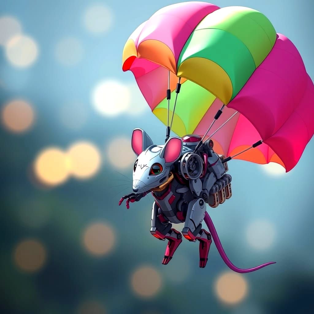Anime Mecha Mouse Parachuting with Bokeh
