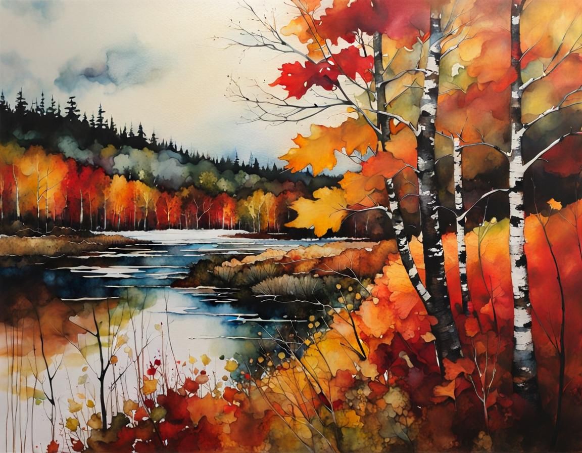 Autumn in New Brunswick: Encaustic Alcohol Ink Painting