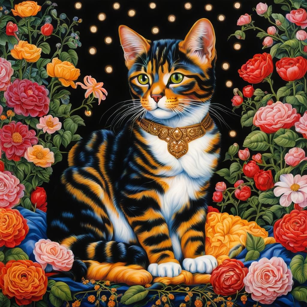 Cat Portrait with Flowers in Kehinde Wiley Style