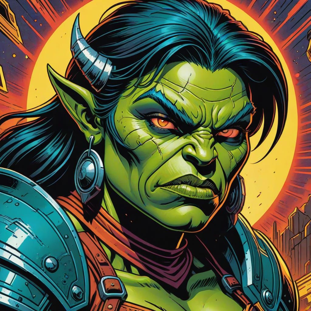 Retro Comic Book Orc Woman in Dynamic Illustration Style