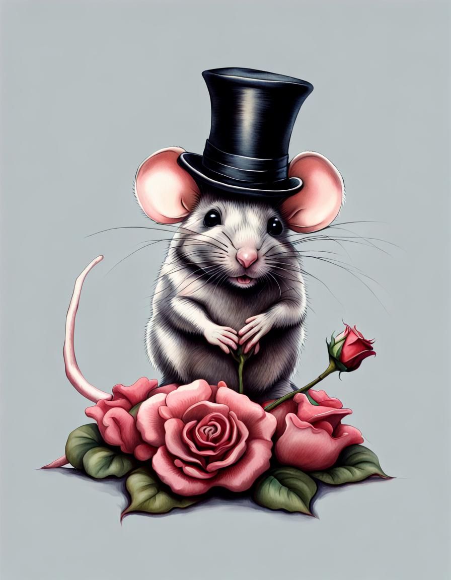 Hyperrealistic Mouse in Top Hat with Rose