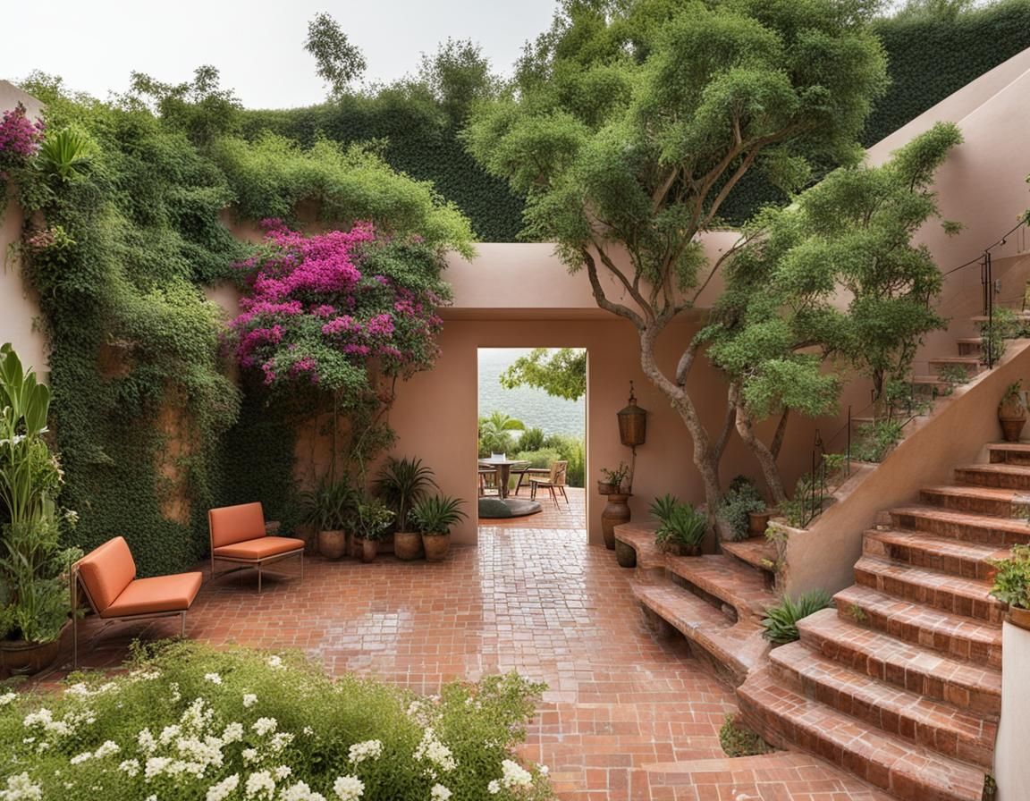Outdoor Brick Space with Plants and Water Feature