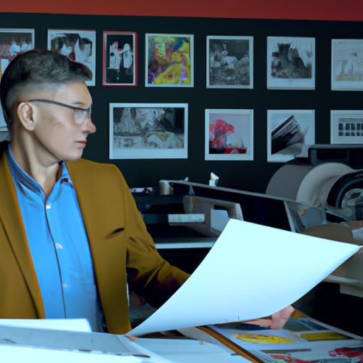 A busy modern marketing department in an open office concept. A male Print Director reviews a proof, making precis...