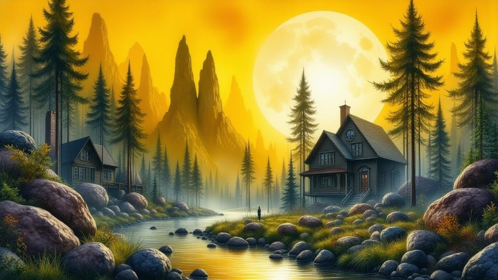 Surreal Nightscape with Geometric Elements in Digital Art St...