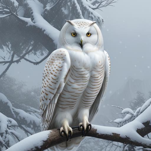Snow Owl Perched in Tree: Detailed Matte Painting