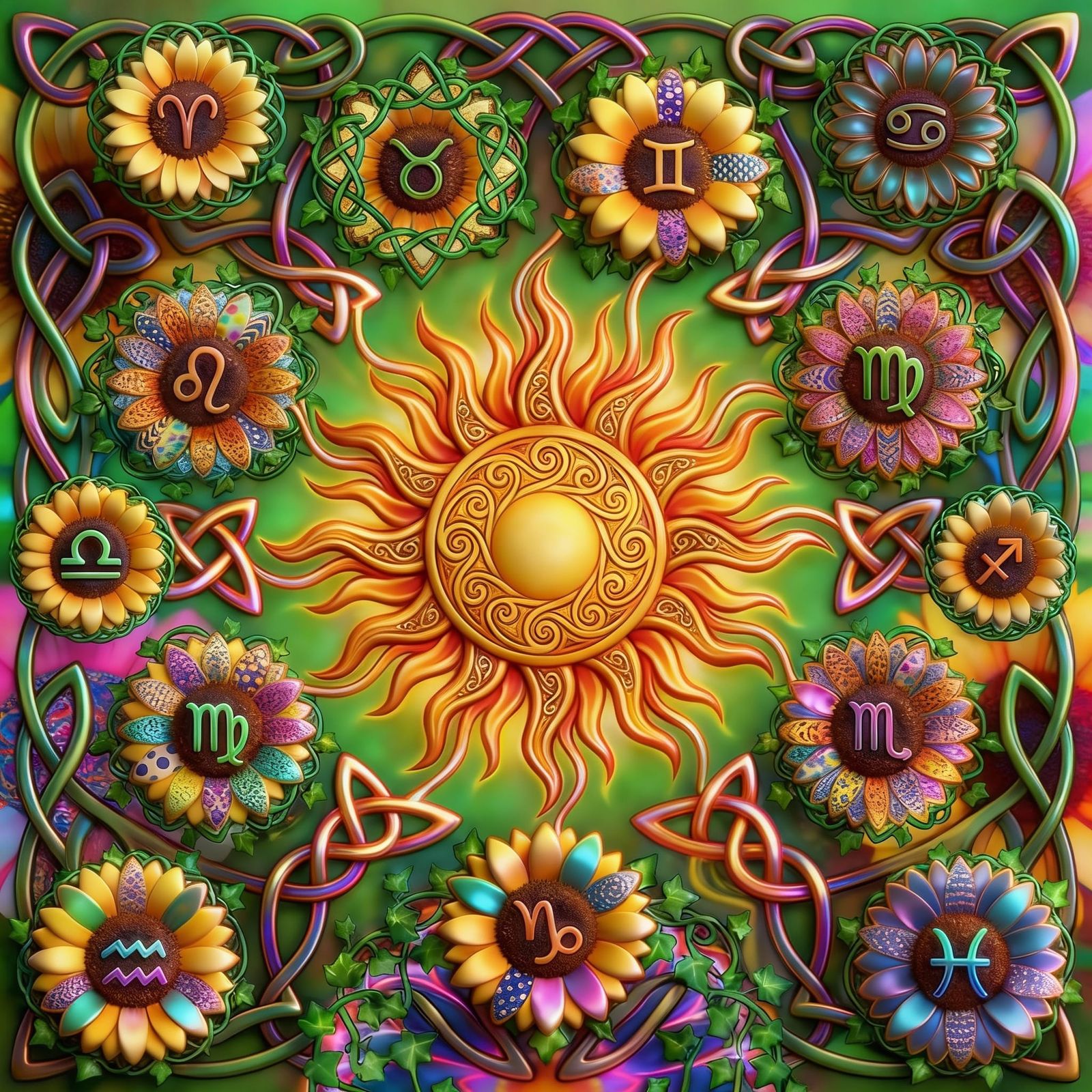 Psychedelic Sunflower Kaleidoscope in Abstract Vector Style