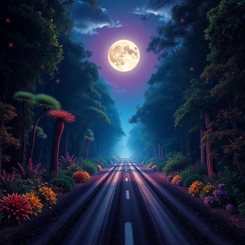 Ethereal Moonlit Forest Road in Visionary Style