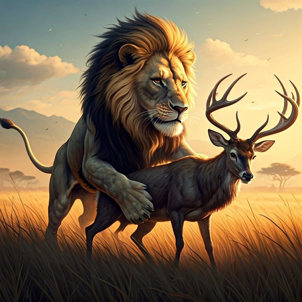 Lion Attacks Deer in Sun-Drenched Savannah Art