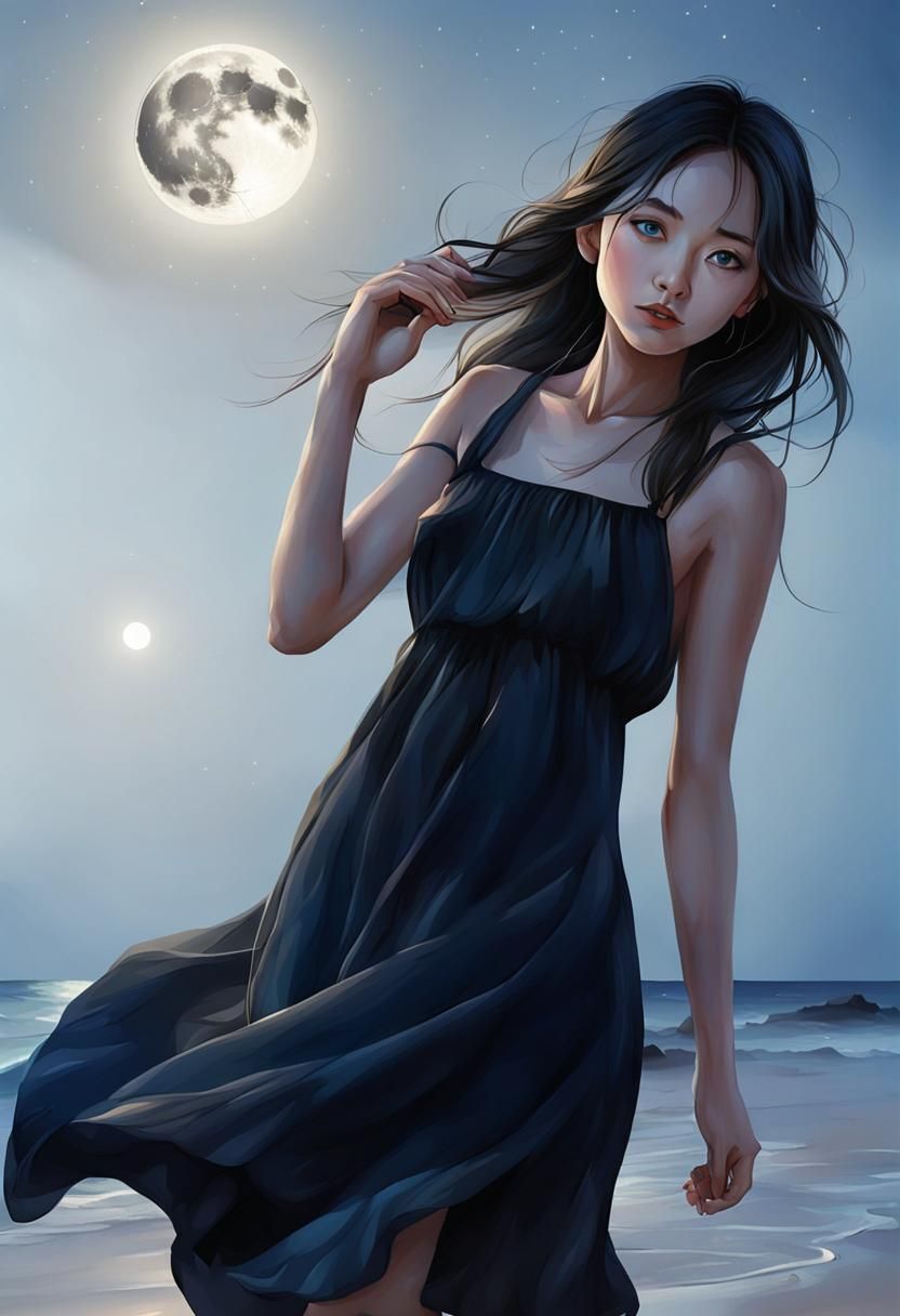 Girl on Beach Under Moonlight