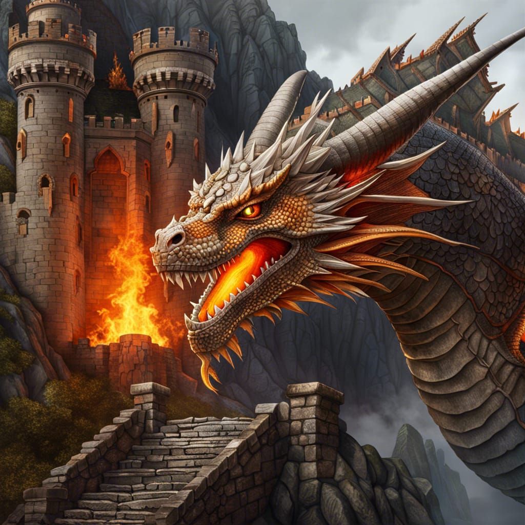 Fire Dragon Over Crumbling Wizard Castle