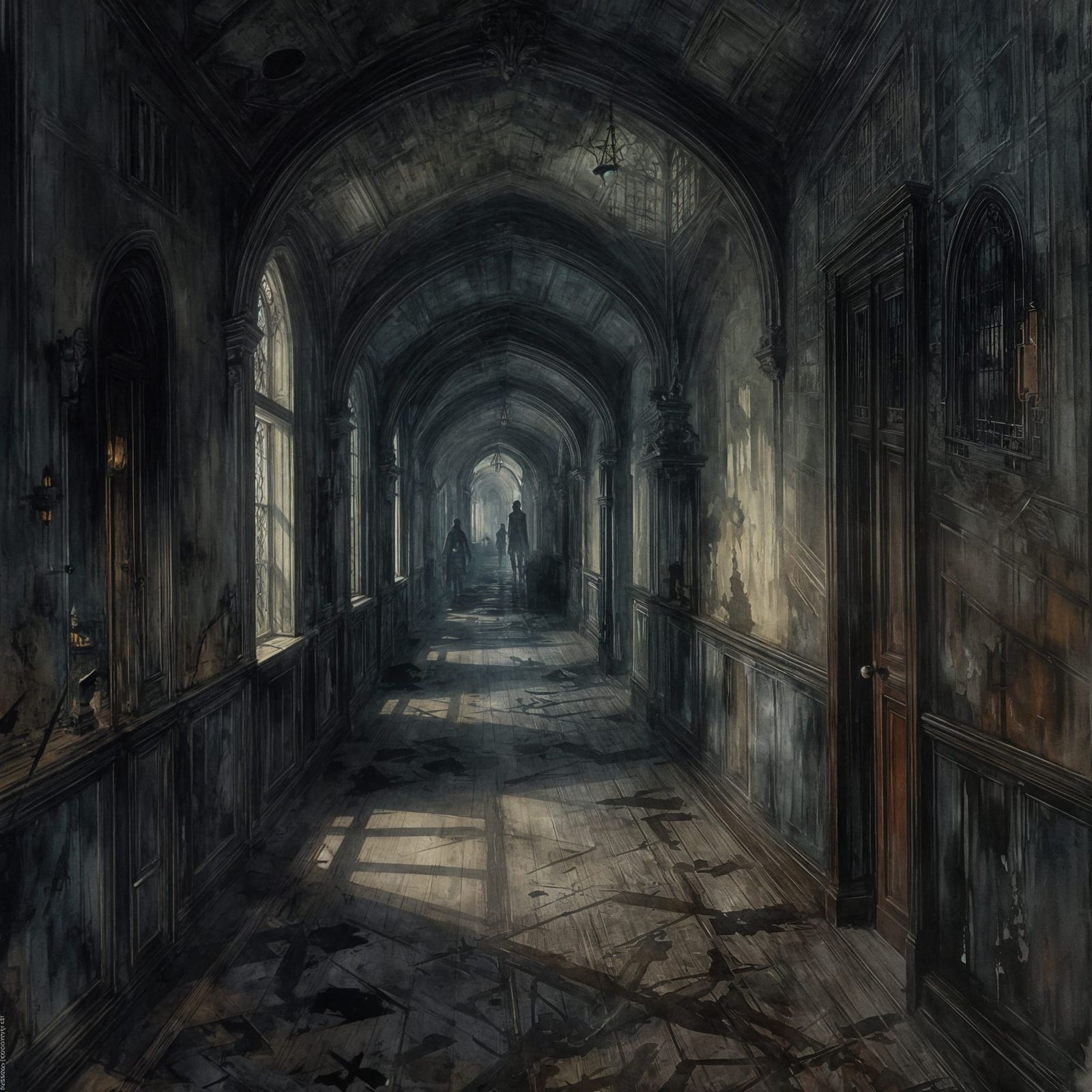 Eerie Gothic Corridor in Shadowy Watercolor Style
