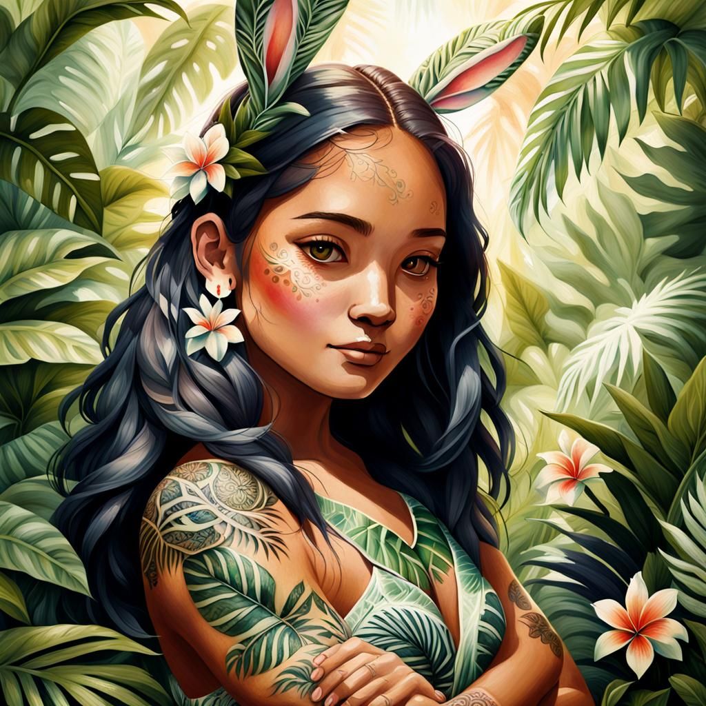 Gentle Samoan-Inspired Faun in Whimsical Tropical Paradise