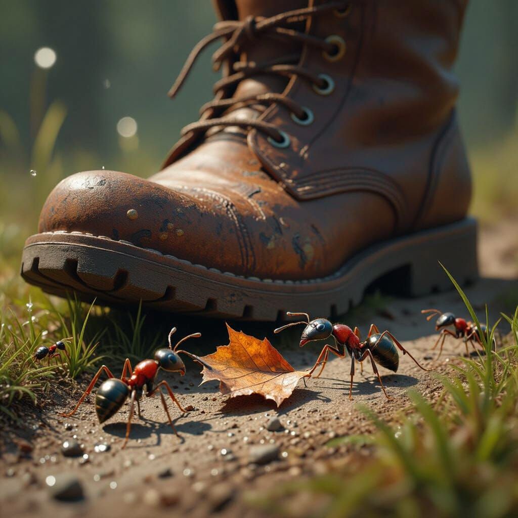 Ants Moving Leaf Under Giant Boot: Photorealistic