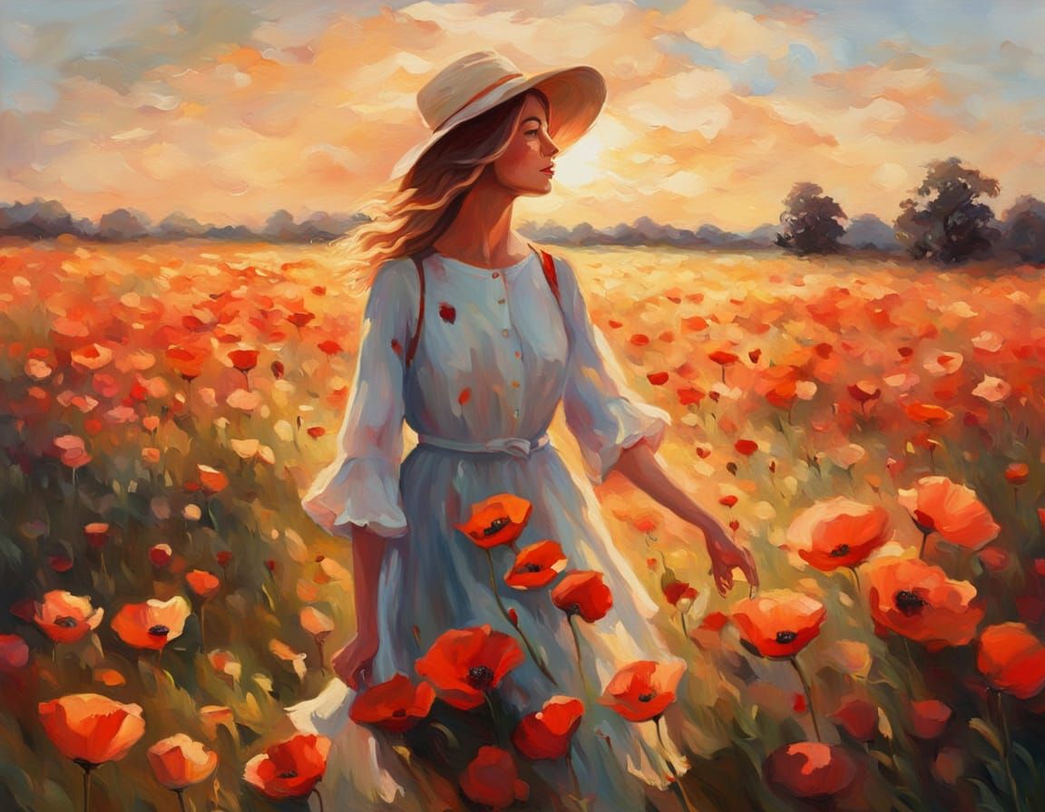 Impressionist Painting of Woman in Poppy Field