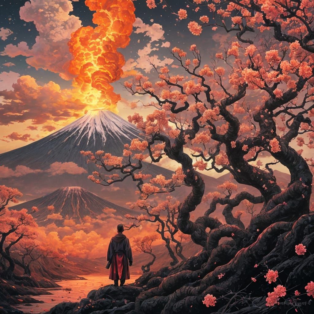 Erupting Volcano near Mount Fuji with Cherry Blossoms