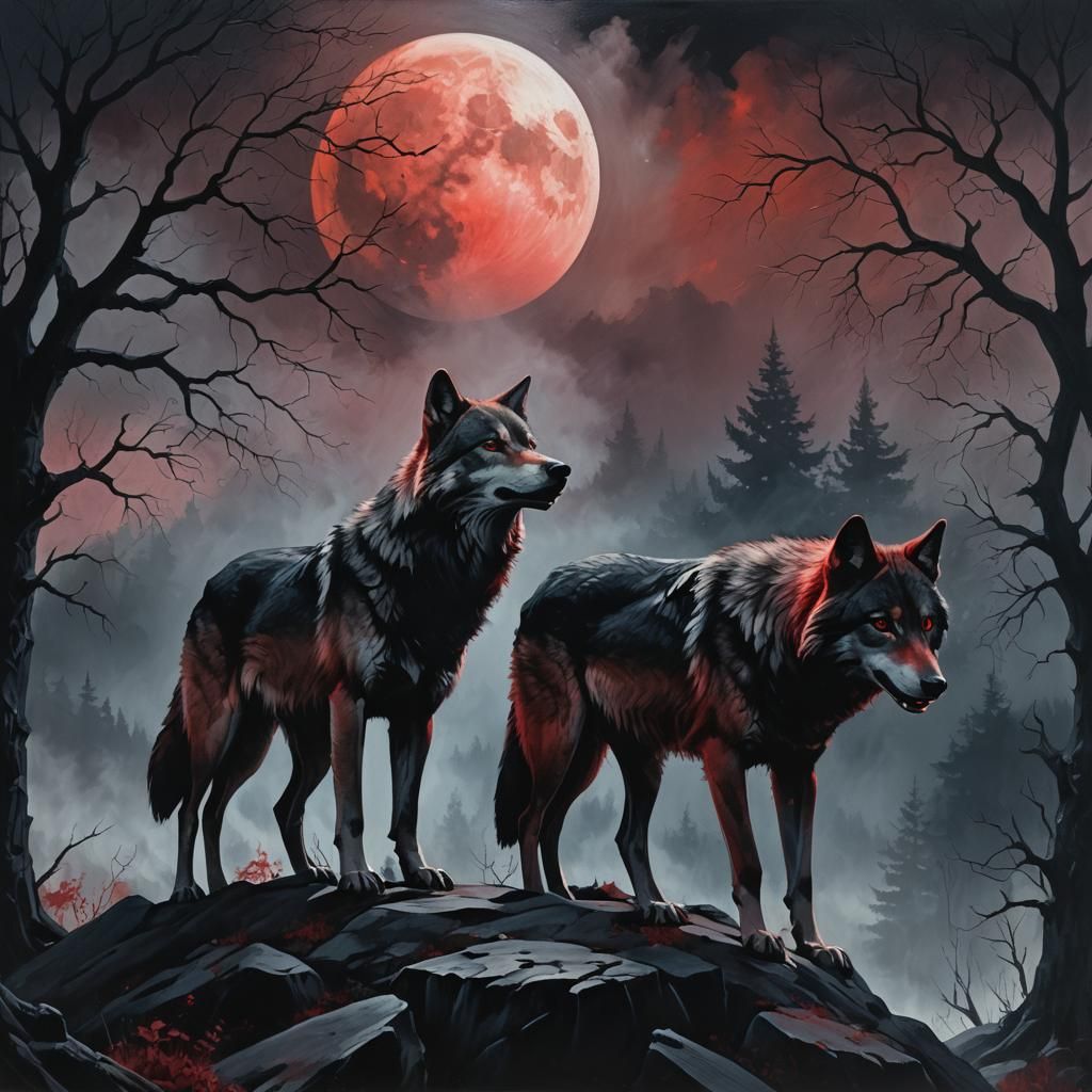 Wolves Howling at Bleeding Moon in Surrealist Painting