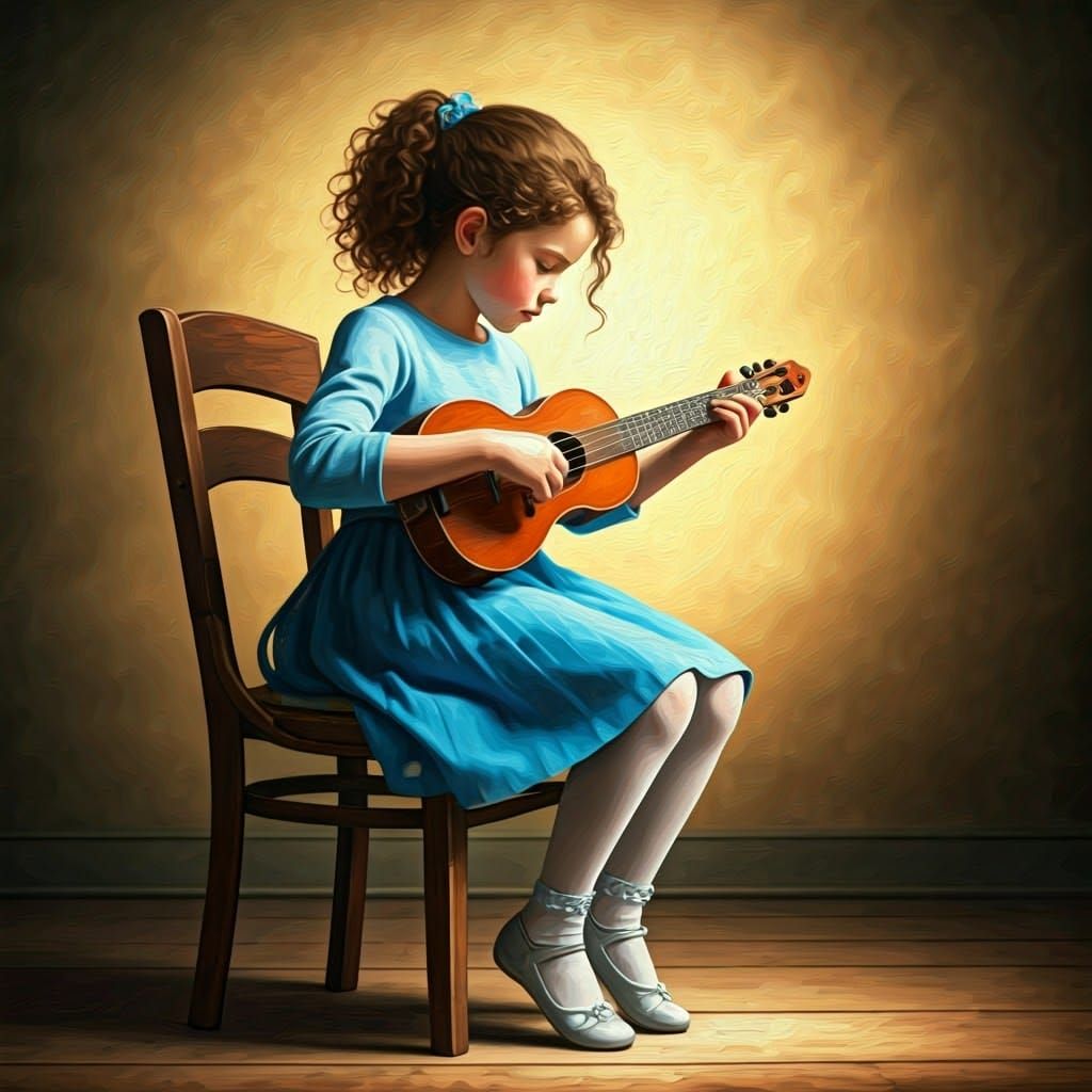 Girl Playing Instrument in Golden Light, Oil Painting