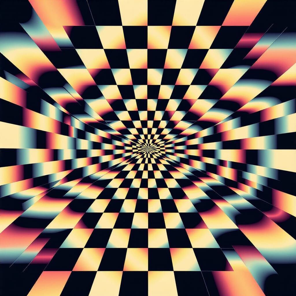 Hypnotic Moiré Pattern in Colorful Checkerboard