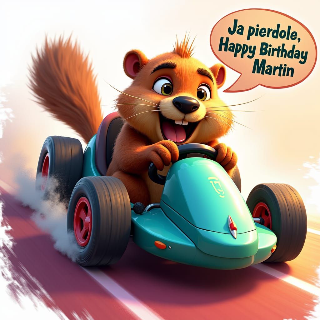 Animated Beaver Karting Birthday Image