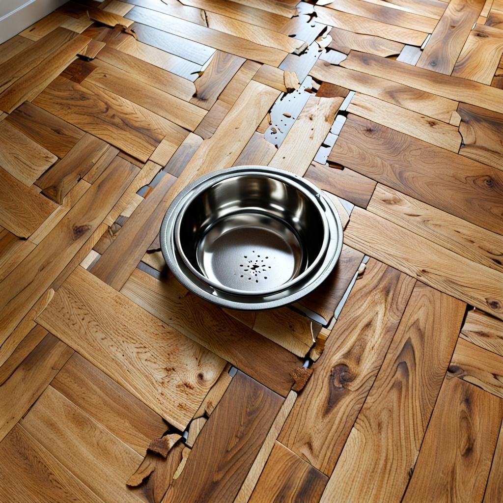 Broken Dog Bowl on Parquet Floor