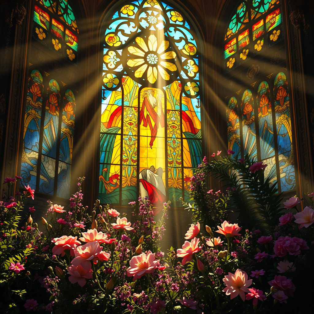 Baroque Stained Glass Window Illuminates Floral Display