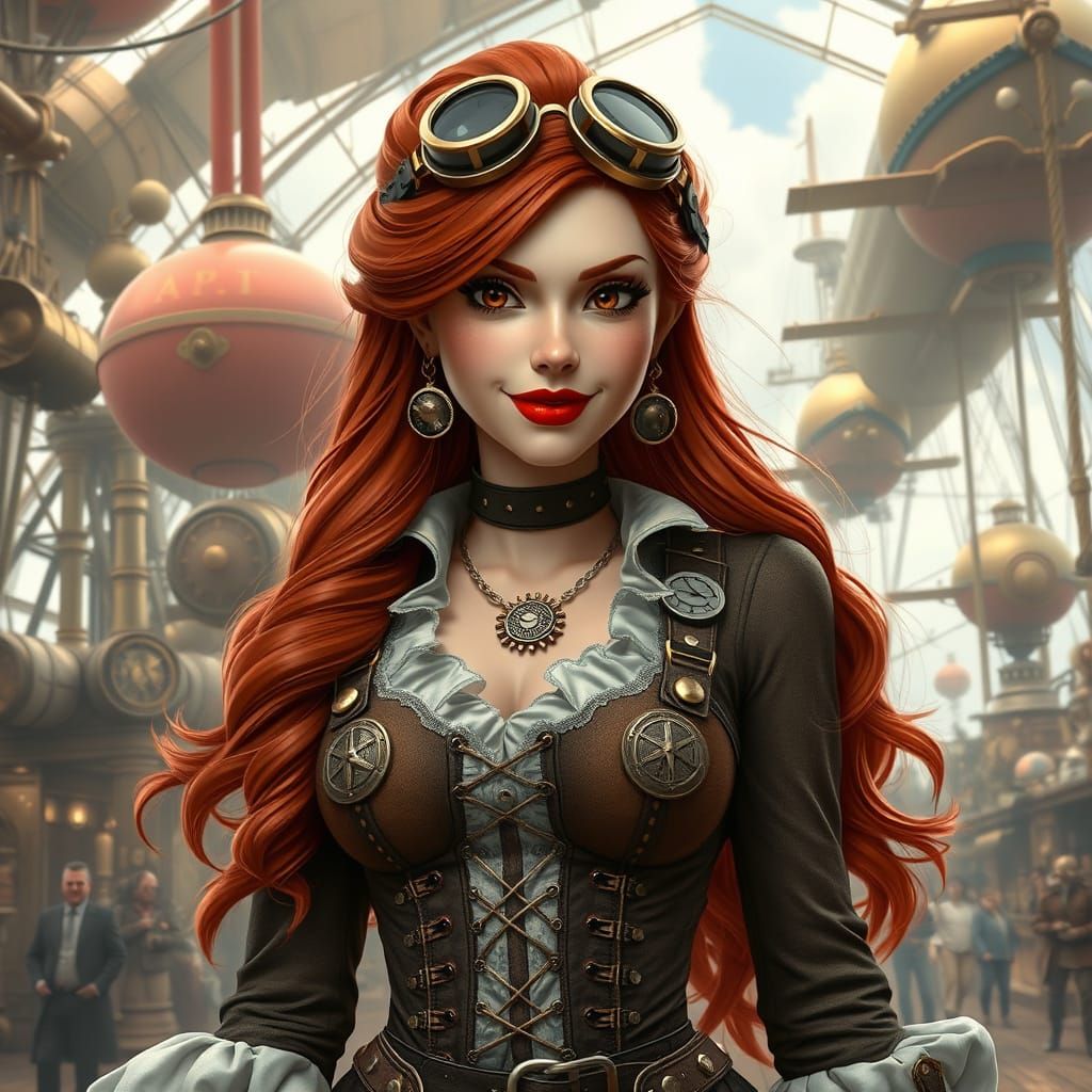 Steampunk Woman in Airship Docking Station, 3D Render