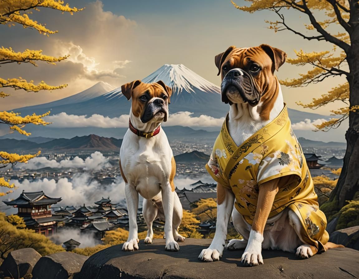 Boxer Dog with Mount Fuji in Ukiyo-e Style