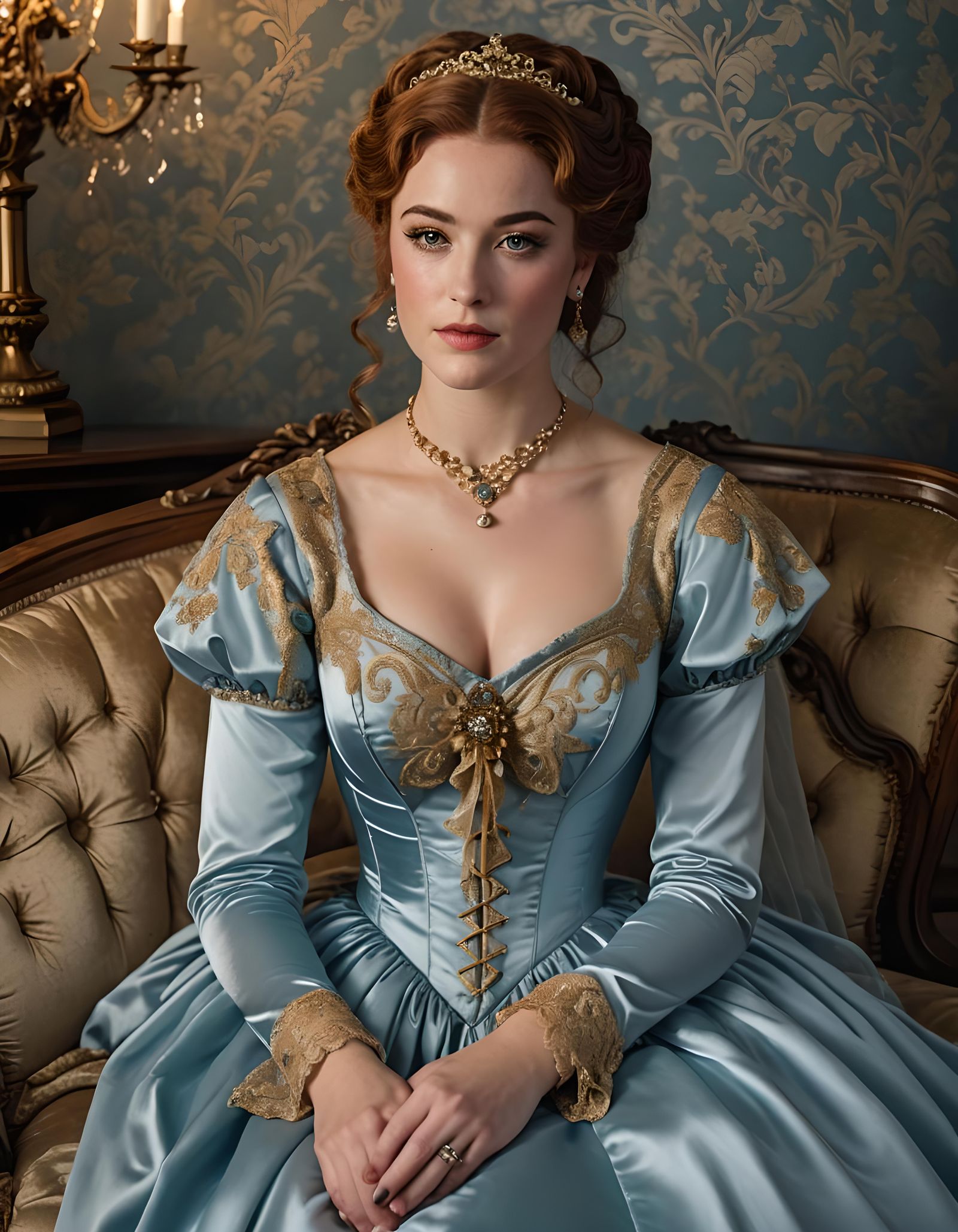 Victorian Woman in Blue and Gold Gown