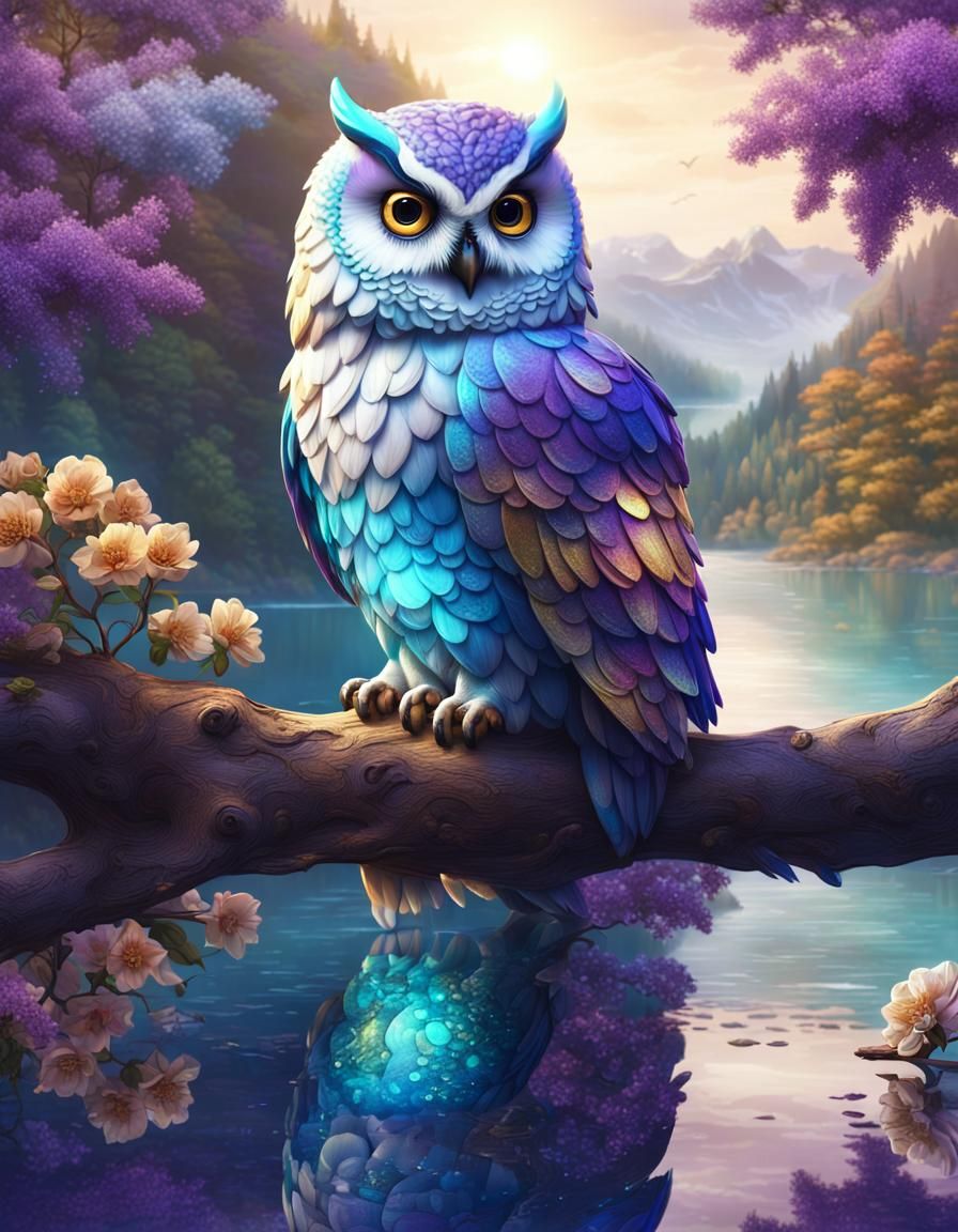 Decorative Owl Overlooking Lake: Fantasy Concept Art