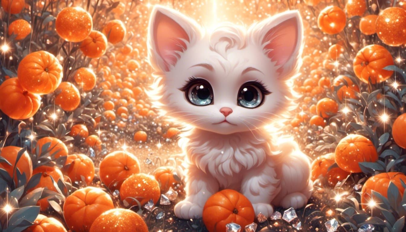 <lora:Glitter and Diamonds:1.0> <lora:SuperHyperrealism:1.0> chibi kitten sitting in orange grove sparkle glimmer