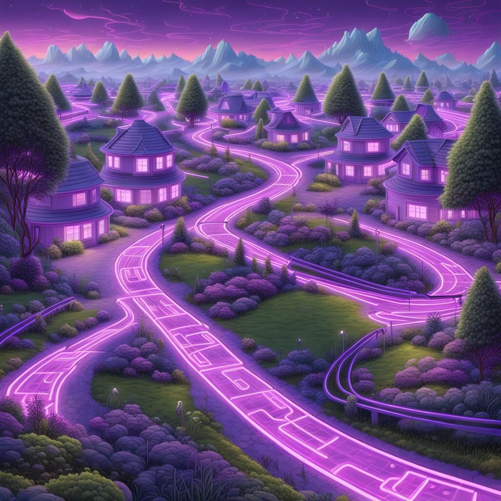 Futuristic Suburb with Neon Road, Digital Art