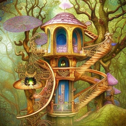Enchanted Elven Staircase to a Treehouse, Storybook Illustra...