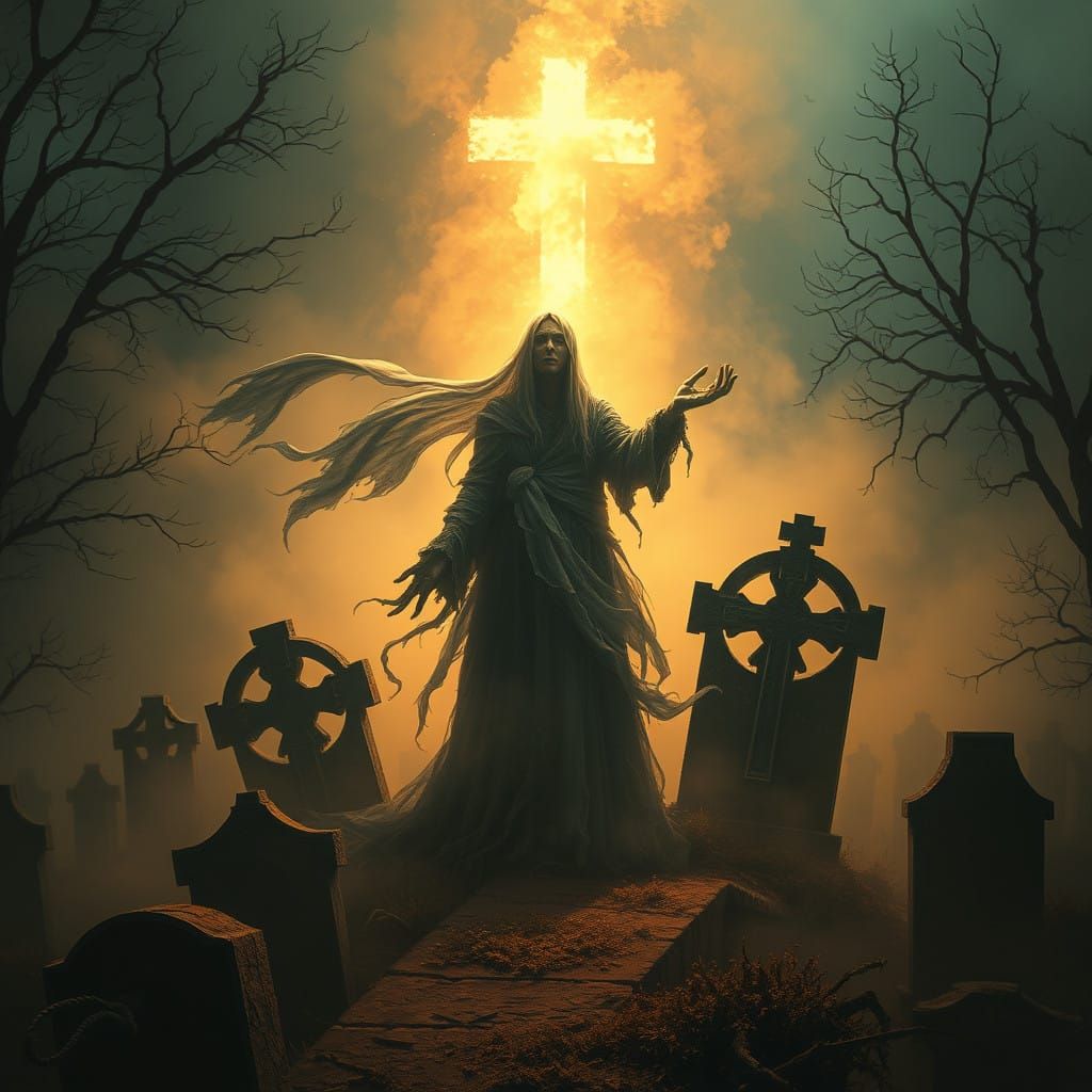 Spectral Figure Rises from Graveyard in Whimsical Gothic Hor...