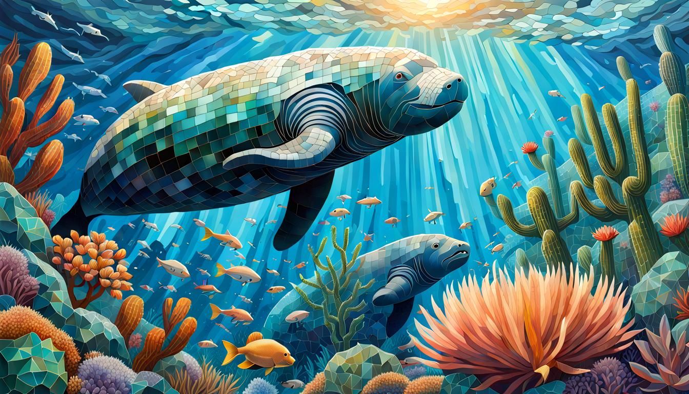 Dugong and Cactus: Underwater Mosaic Art