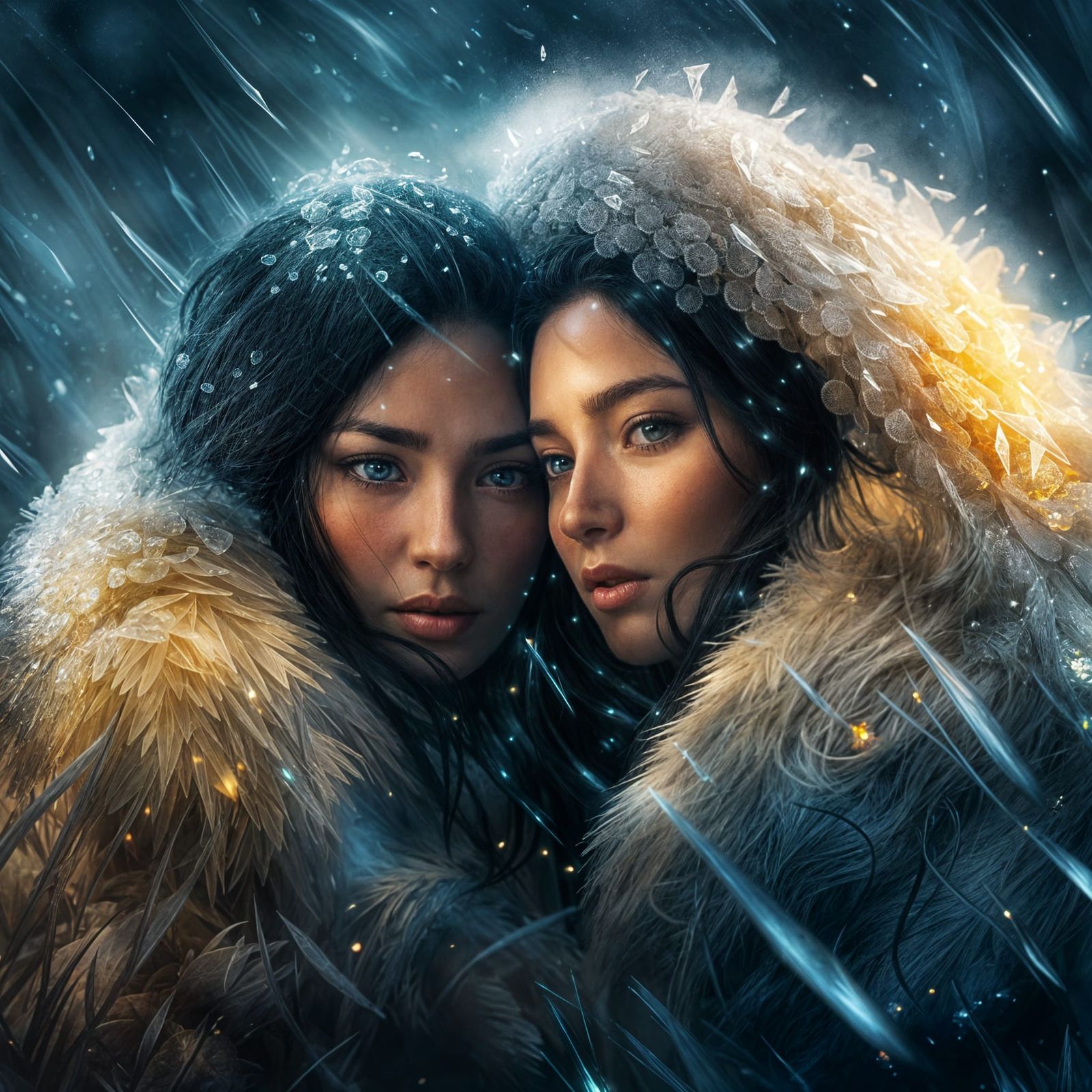 Women in Fur Embrace During Snowstorm: Digital Art