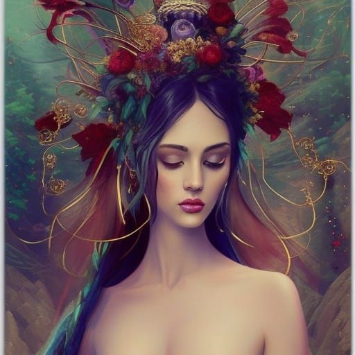 Opulent Mermaid Goddess in Art Nouveau Shrine