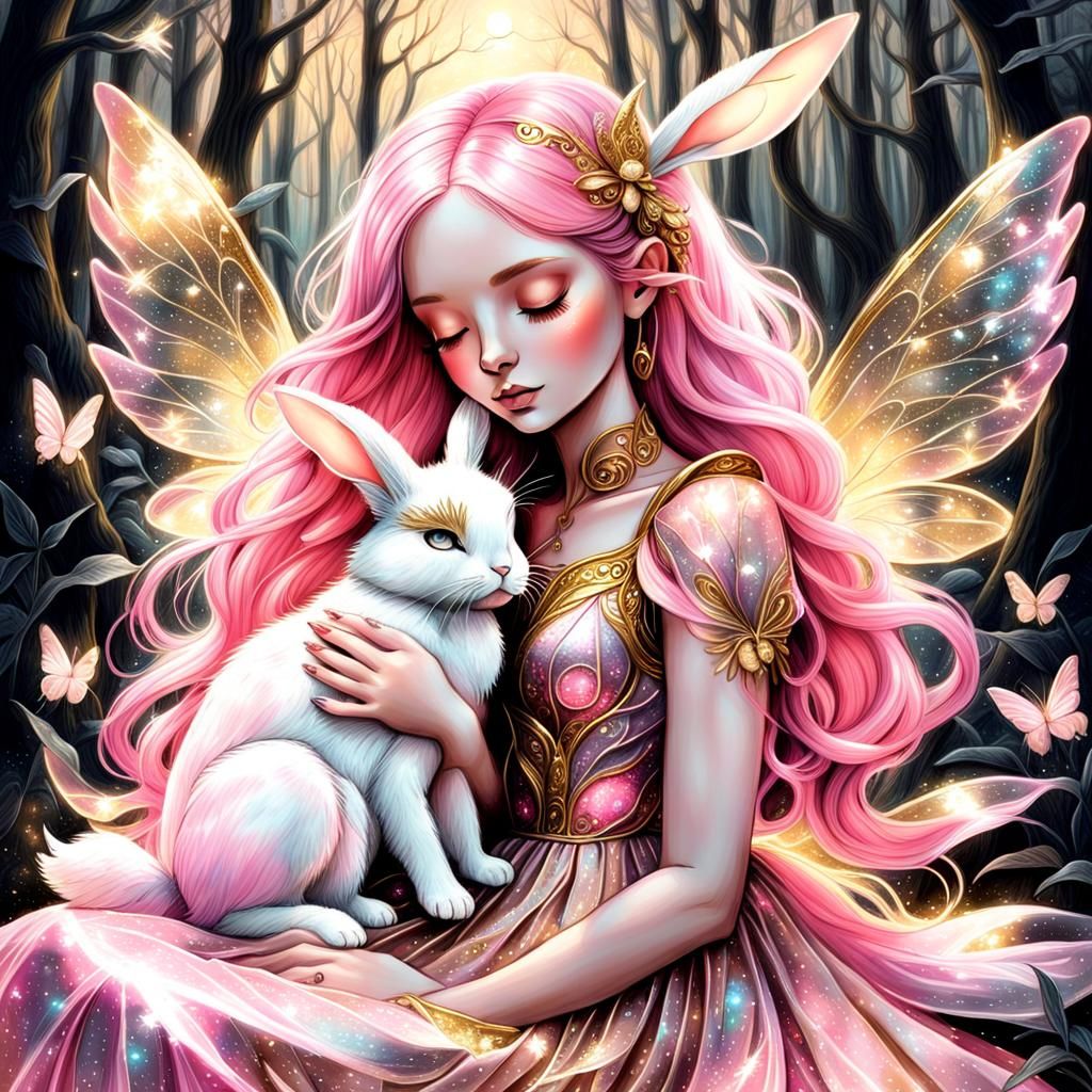 Fairy with Bunny in Enchanted Forest, Charcoal Drawing