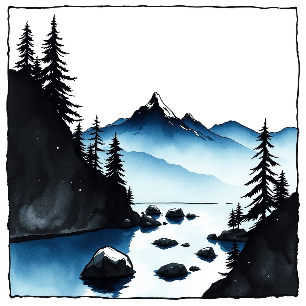 Minimalistic ink waterscape