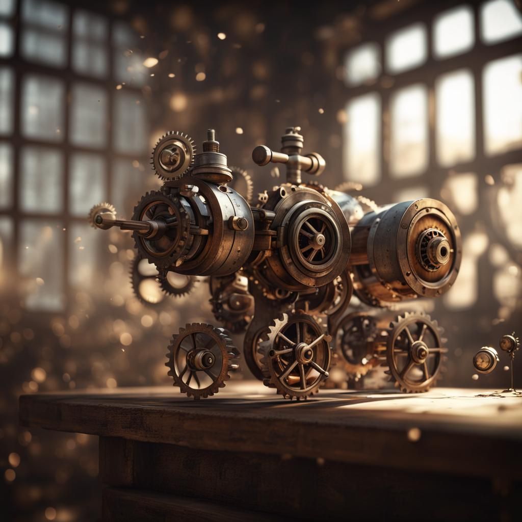 Steampunk Metal Creatures in Workshop, 8K Resolution