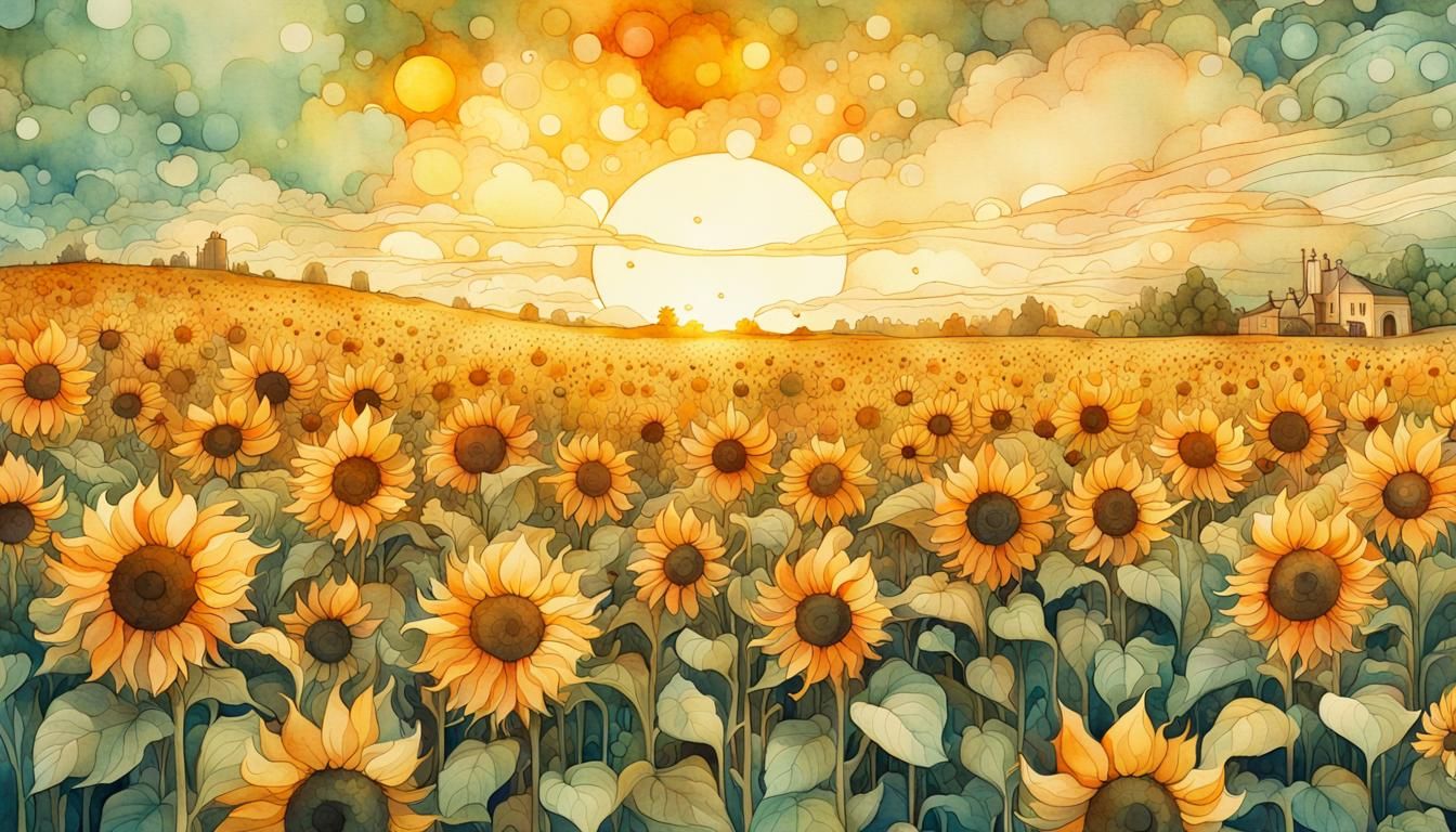 Sunflower Field at Sunset: Watercolor Painting