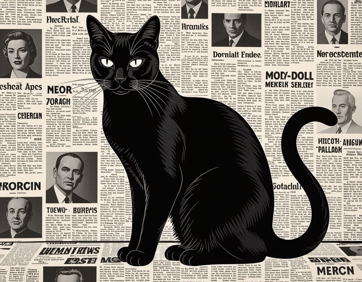 Elegant Black Cat Portrait in Vintage Newspaper Collage